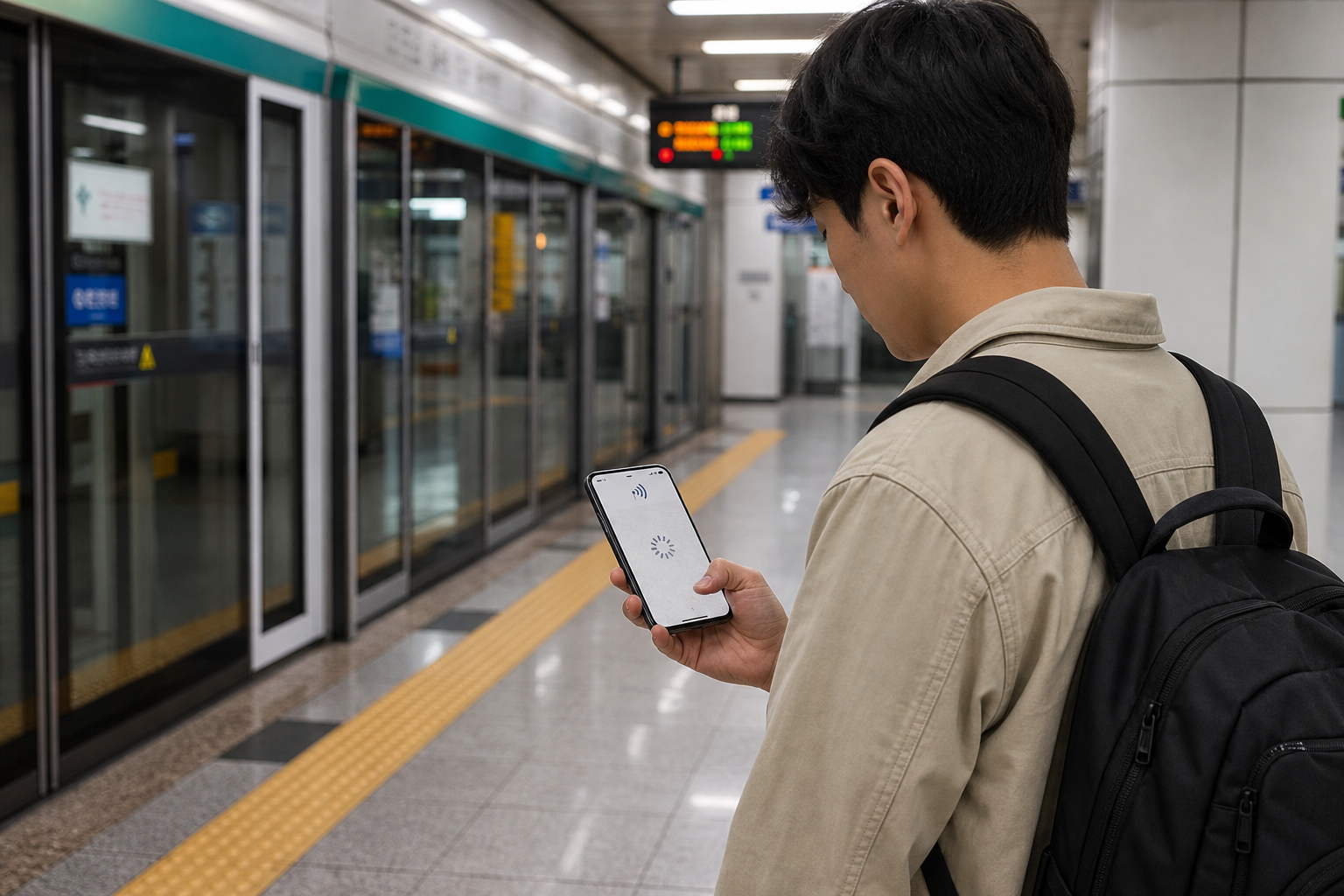 旅客在首爾地鐵站檢查有訊號卻無法載入地圖的手機