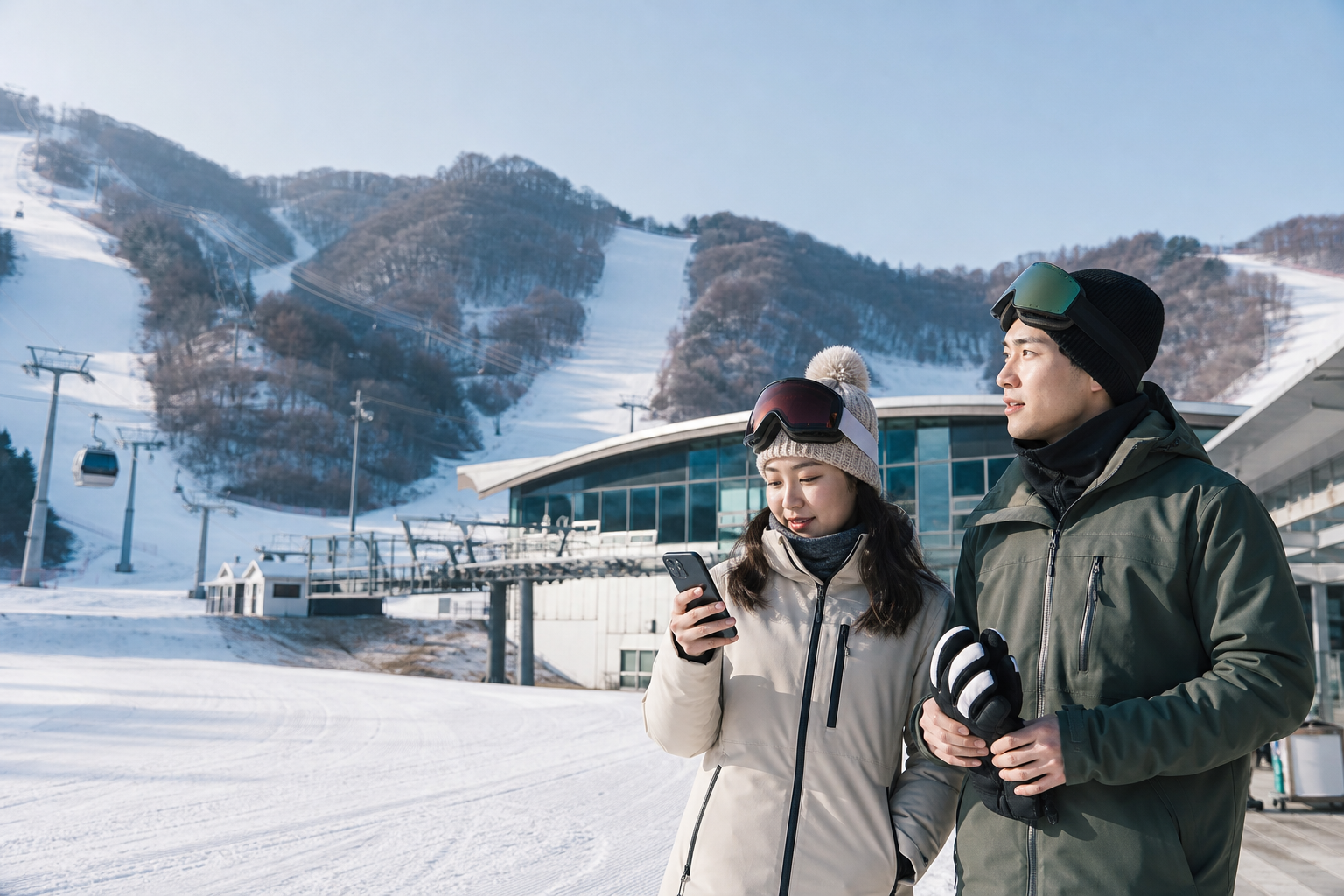 旅客在韓國滑雪場基地查看手機與接駁安排