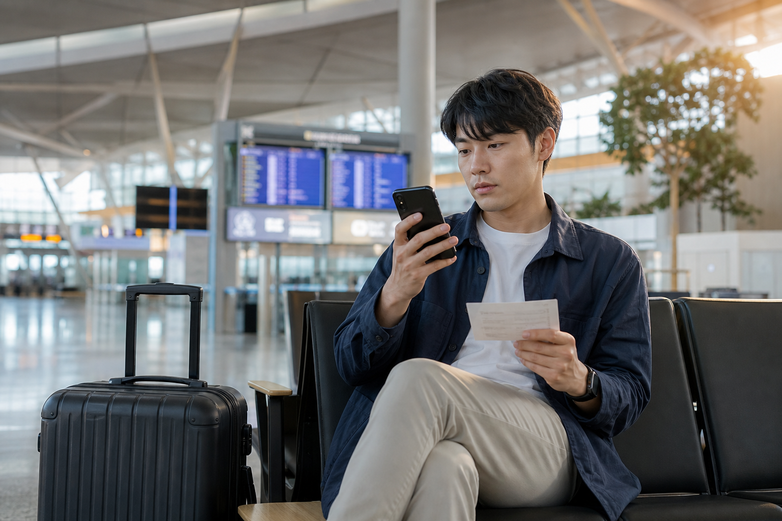 旅客在韓國機場轉機區查看手機與下一段登機資料